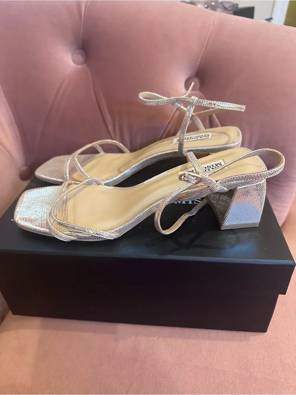 Badgley Mischka Carlotta Metallic Gold Strappy Block Heel Sandals